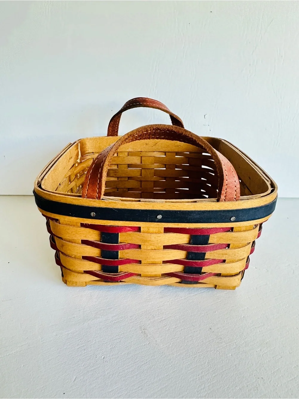 Handwoven Red & Black Accent Basket with Leather Handles